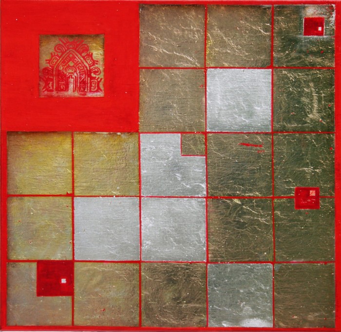 "Santuario"
Acryl und Blattsilberin Prozess der Oxidation auf Leinwand.
40 x 40  
2005